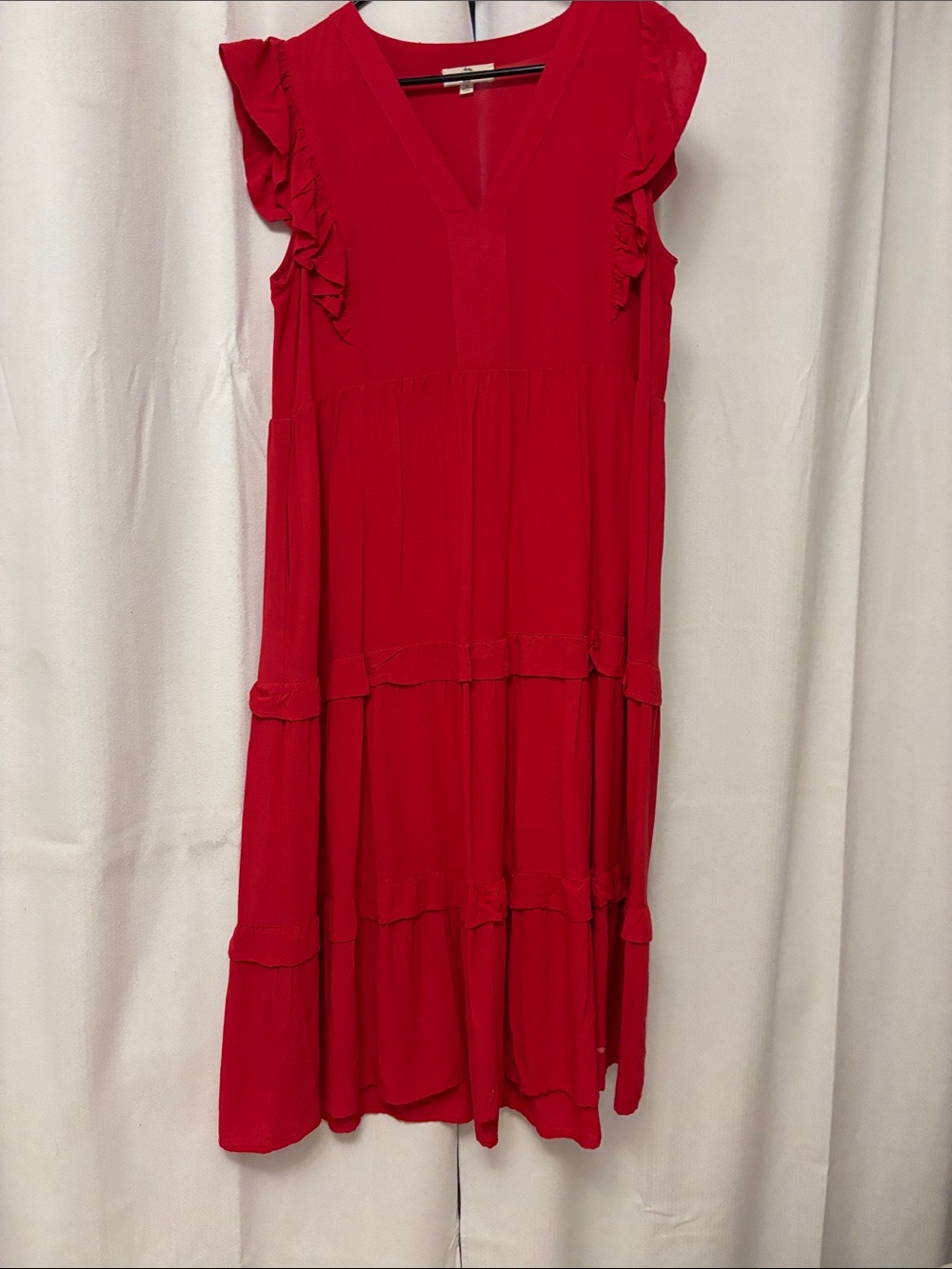 Red Flutter Sleeve V-Neck Tiered Dress